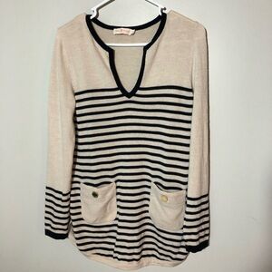 Tory Burch womens M merino wool long sleeve v neck navy cream striped sweater